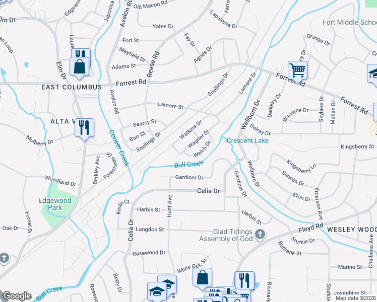 map of restaurants, bars, coffee shops, grocery stores, and more near 2116 Wagner Drive in Columbus