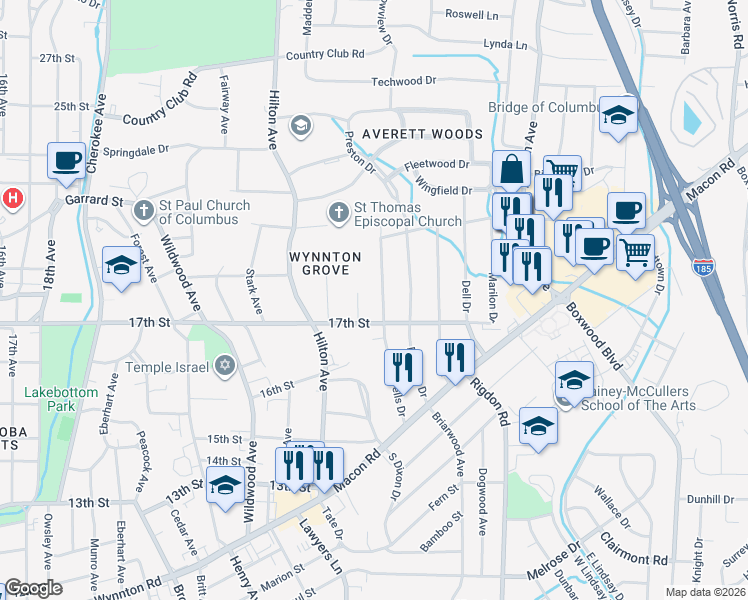 map of restaurants, bars, coffee shops, grocery stores, and more near 1805 Wells Drive in Columbus