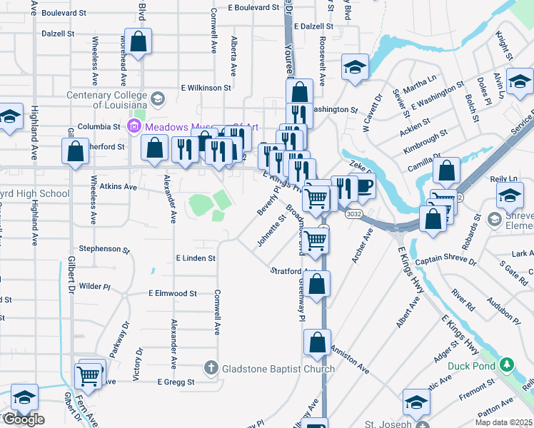 map of restaurants, bars, coffee shops, grocery stores, and more near 3431 Beverly Place in Shreveport