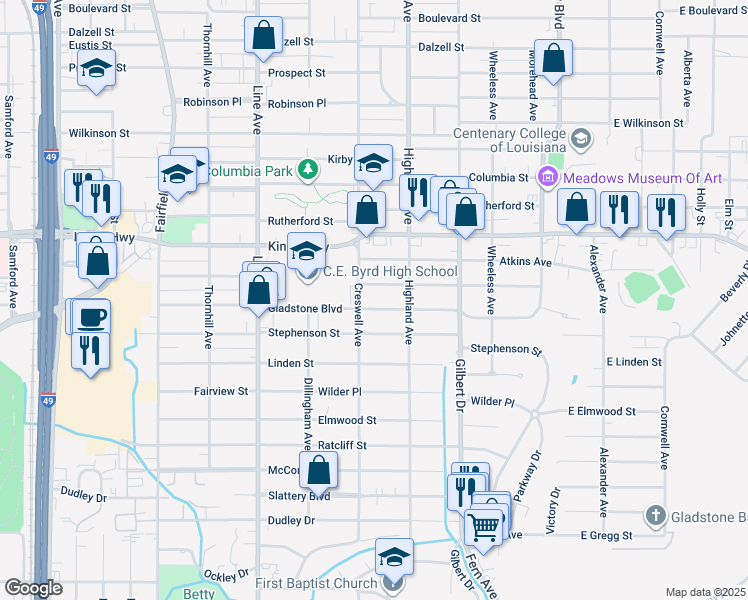 map of restaurants, bars, coffee shops, grocery stores, and more near 544 Gladstone Boulevard in Shreveport