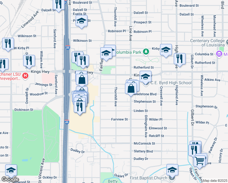 map of restaurants, bars, coffee shops, grocery stores, and more near 906 Gladstone Boulevard in Shreveport