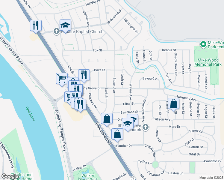 map of restaurants, bars, coffee shops, grocery stores, and more near 1510 Shady Grove Drive in Bossier City