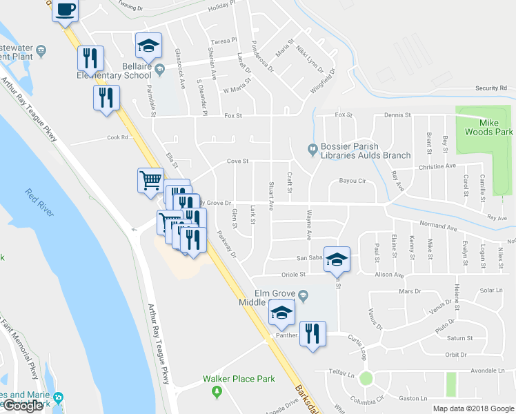 map of restaurants, bars, coffee shops, grocery stores, and more near 4101 Lark Street in Bossier City