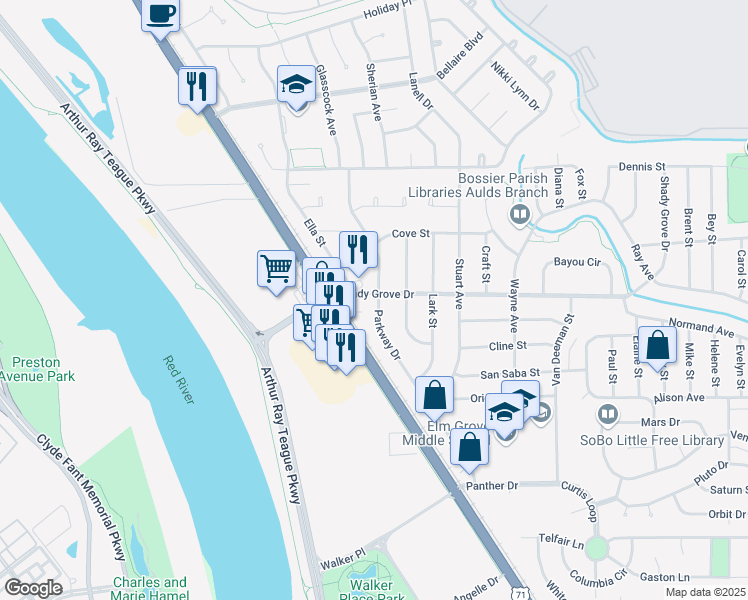 map of restaurants, bars, coffee shops, grocery stores, and more near 4100 Parkway Drive in Bossier City