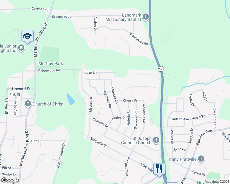 map of restaurants, bars, coffee shops, grocery stores, and more near 652 Mimosa Road in Prattville