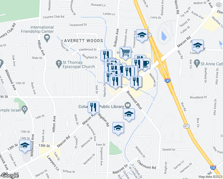 map of restaurants, bars, coffee shops, grocery stores, and more near 3115 Mercury Drive in Columbus