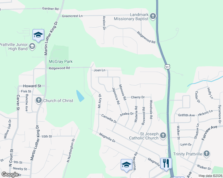 map of restaurants, bars, coffee shops, grocery stores, and more near 703 Japonica Road in Prattville