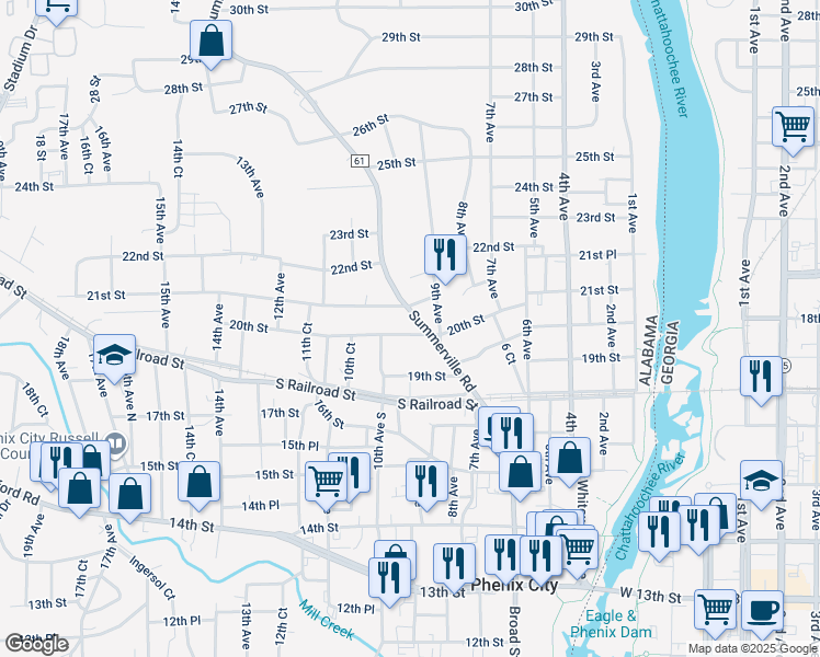 map of restaurants, bars, coffee shops, grocery stores, and more near 910 20th Street in Phenix City