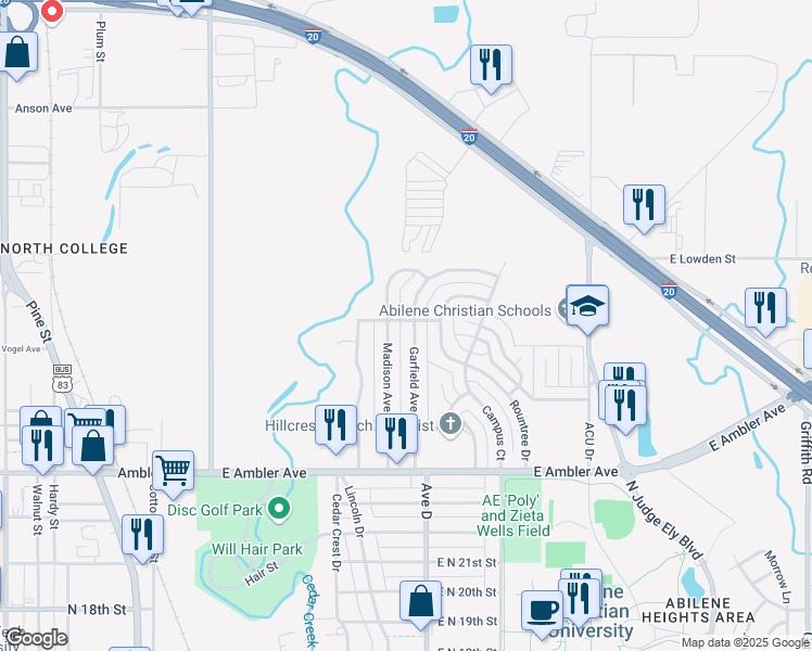 map of restaurants, bars, coffee shops, grocery stores, and more near 2580 Garfield Avenue in Abilene