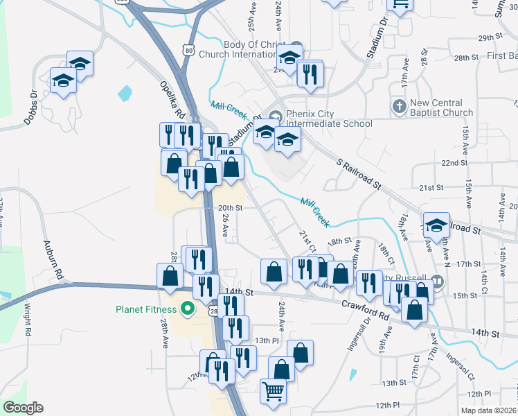 map of restaurants, bars, coffee shops, grocery stores, and more near 2103 20th Street in Phenix City