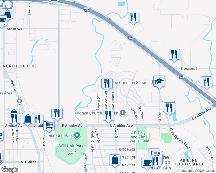 map of restaurants, bars, coffee shops, grocery stores, and more near 2580 Garfield Avenue in Abilene