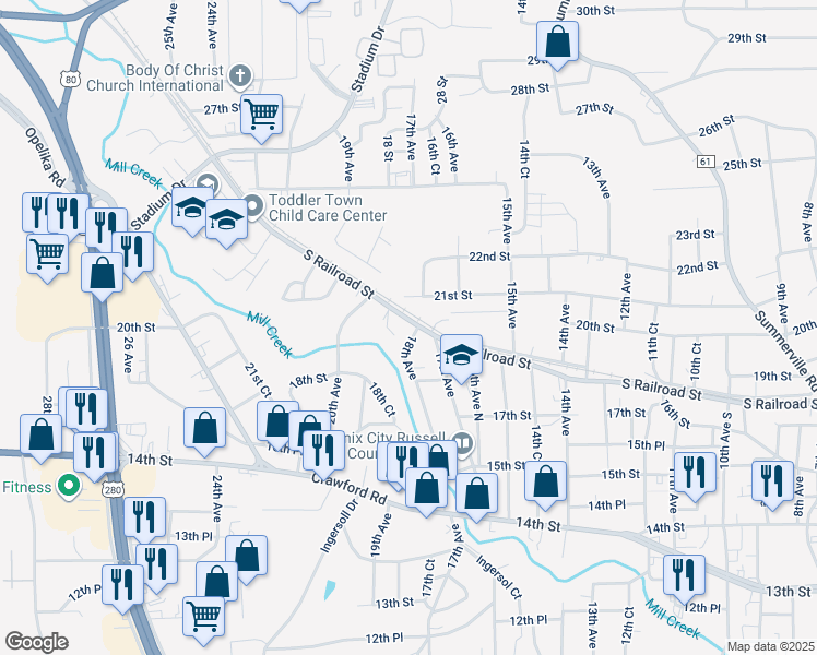 map of restaurants, bars, coffee shops, grocery stores, and more near 1801 South Railroad Street in Phenix City