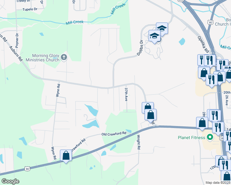 map of restaurants, bars, coffee shops, grocery stores, and more near 1912 Kittrell Drive in Phenix City