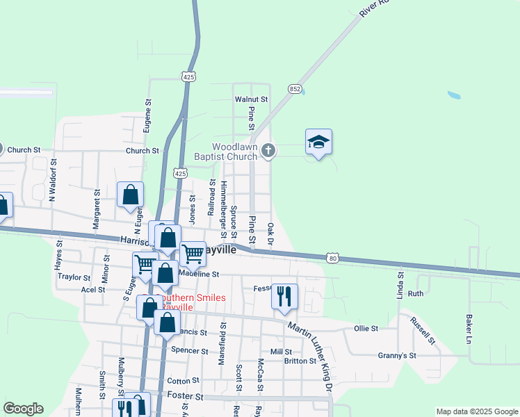 map of restaurants, bars, coffee shops, grocery stores, and more near 100-198 Elm St in Rayville
