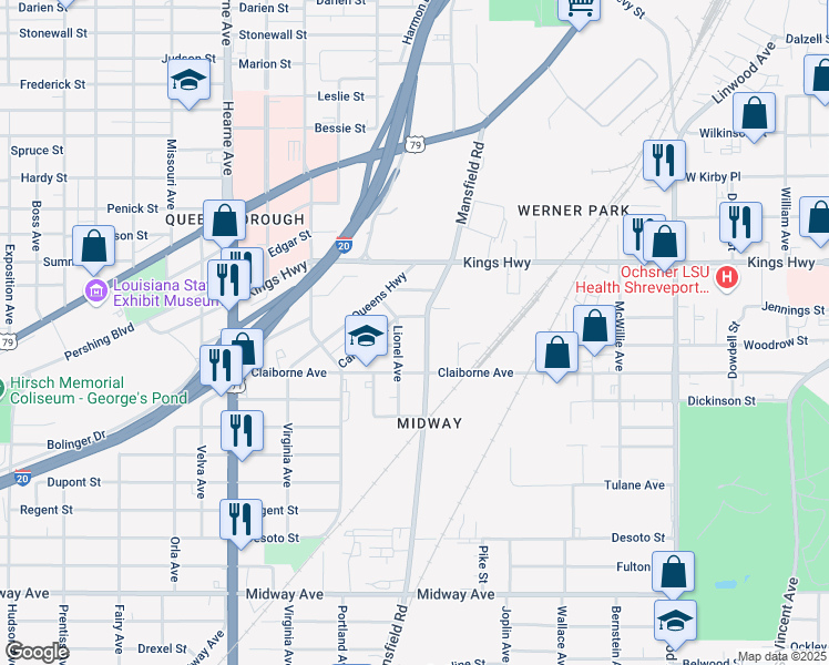 map of restaurants, bars, coffee shops, grocery stores, and more near 3305 Mansfield Road in Shreveport