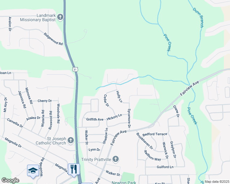 map of restaurants, bars, coffee shops, grocery stores, and more near 128 Cedar Drive in Prattville