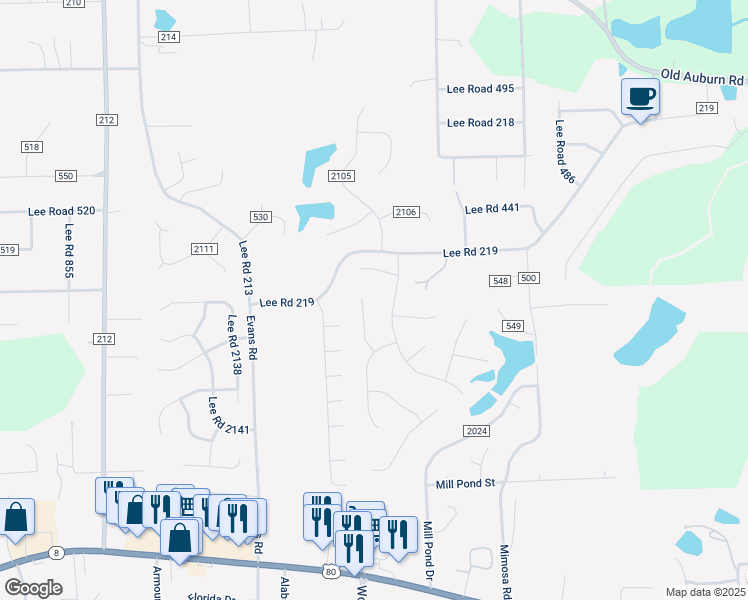 map of restaurants, bars, coffee shops, grocery stores, and more near 18 Springwood Court in Phenix City