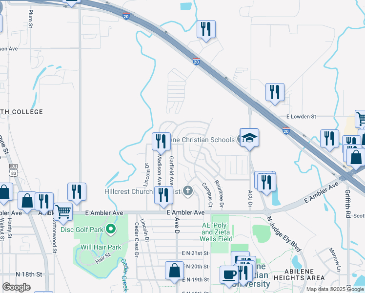 map of restaurants, bars, coffee shops, grocery stores, and more near 2568 Hillcrest Drive in Abilene