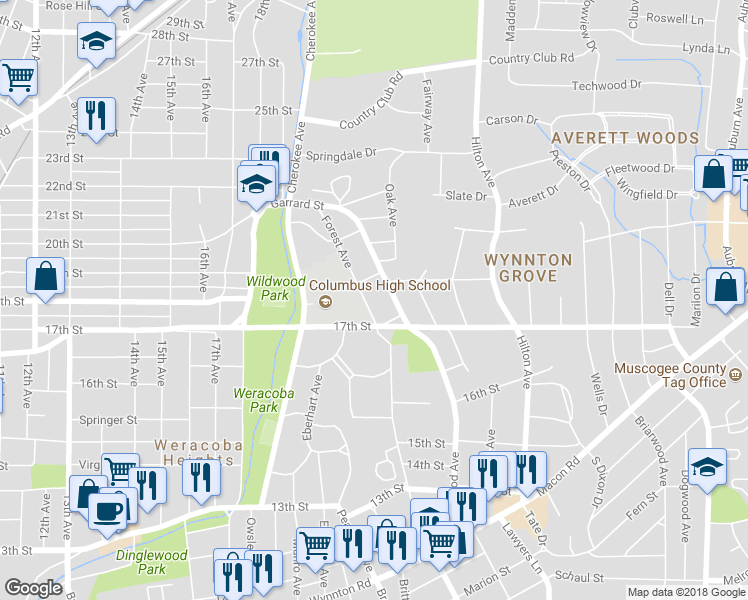 map of restaurants, bars, coffee shops, grocery stores, and more near 1724 Forest Avenue in Columbus