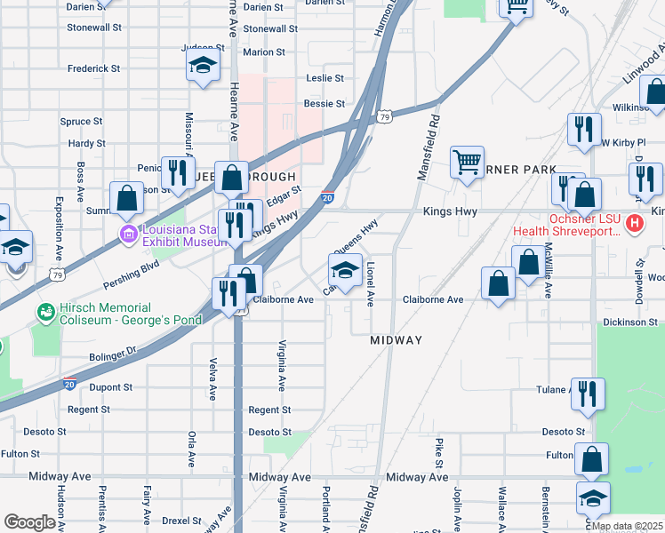 map of restaurants, bars, coffee shops, grocery stores, and more near 2305 Queens Highway in Shreveport