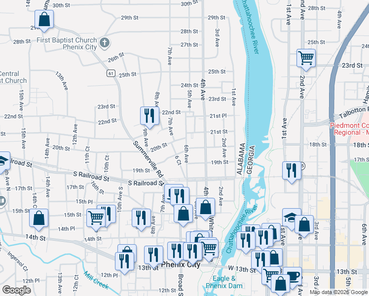 map of restaurants, bars, coffee shops, grocery stores, and more near 2003 6th Avenue in Phenix City