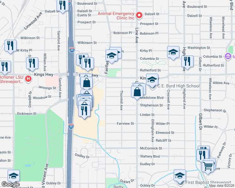 map of restaurants, bars, coffee shops, grocery stores, and more near 908 Gladstone Boulevard in Shreveport