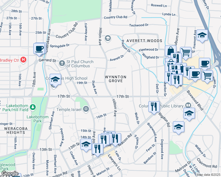 map of restaurants, bars, coffee shops, grocery stores, and more near 1710 Hilton Avenue in Columbus