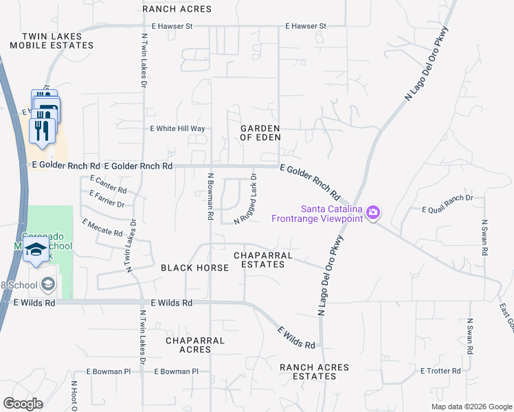 map of restaurants, bars, coffee shops, grocery stores, and more near 15086 North Rugged Lark Drive in Tucson