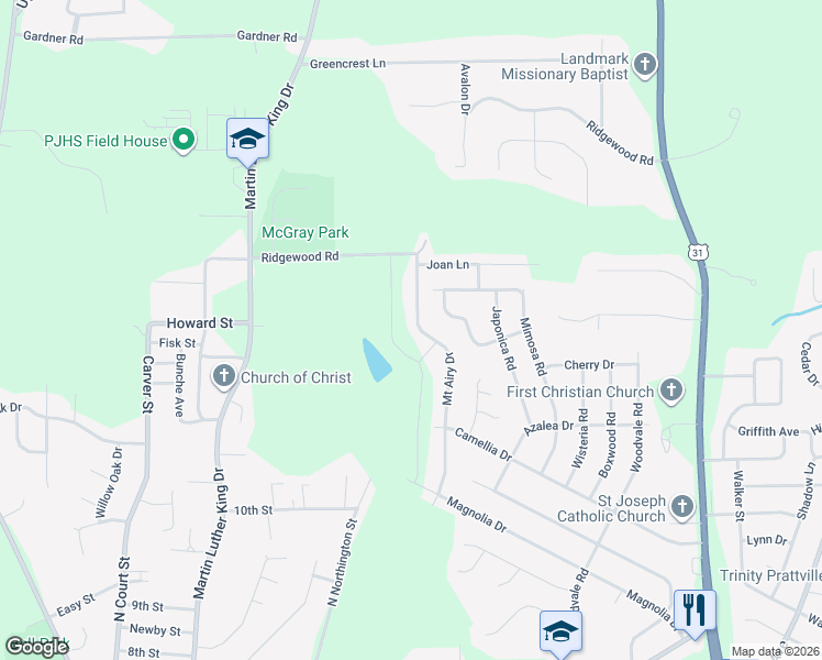 map of restaurants, bars, coffee shops, grocery stores, and more near 531 Mount Airy Drive in Prattville