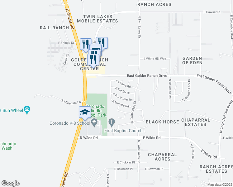 map of restaurants, bars, coffee shops, grocery stores, and more near 3547 East Fox Trotter Road in Tucson