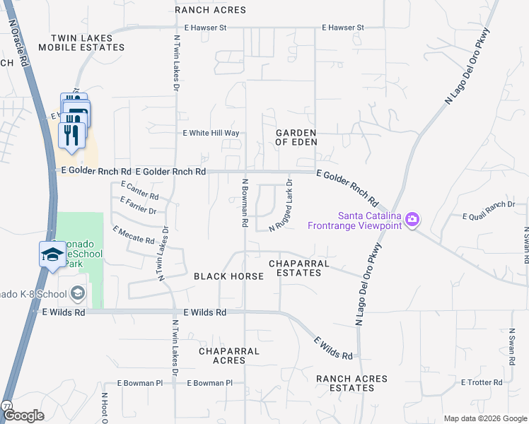 map of restaurants, bars, coffee shops, grocery stores, and more near 15041 North Pelham Road in Tucson