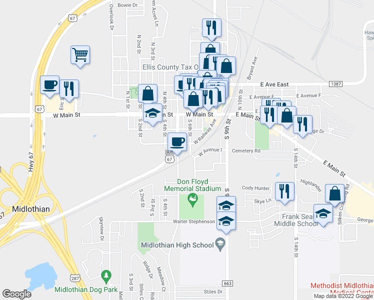 map of restaurants, bars, coffee shops, grocery stores, and more near 307 South 6th Street in Midlothian