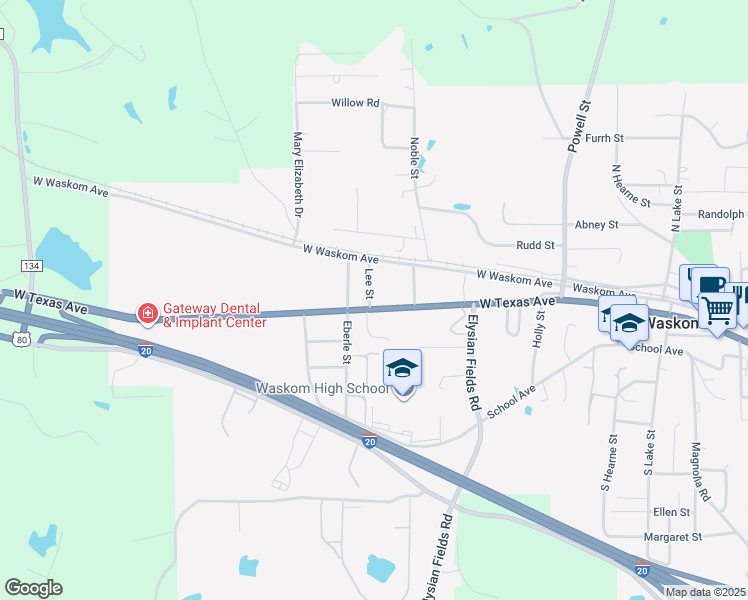 map of restaurants, bars, coffee shops, grocery stores, and more near 120 Lee Street in Waskom