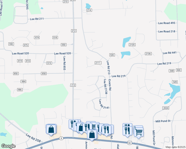 map of restaurants, bars, coffee shops, grocery stores, and more near 390 Lee Road 2138 in Phenix City