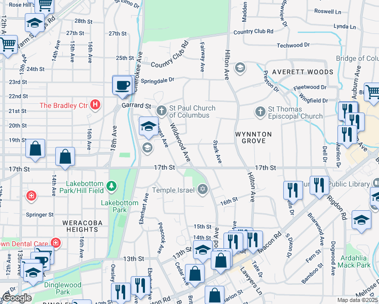 map of restaurants, bars, coffee shops, grocery stores, and more near 1804 Wildwood Avenue in Columbus