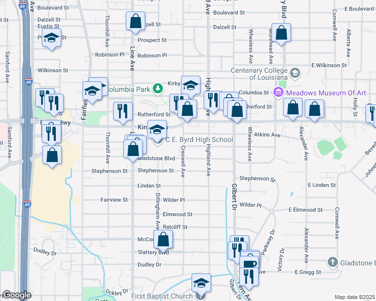 map of restaurants, bars, coffee shops, grocery stores, and more near 557 Forest Avenue in Shreveport