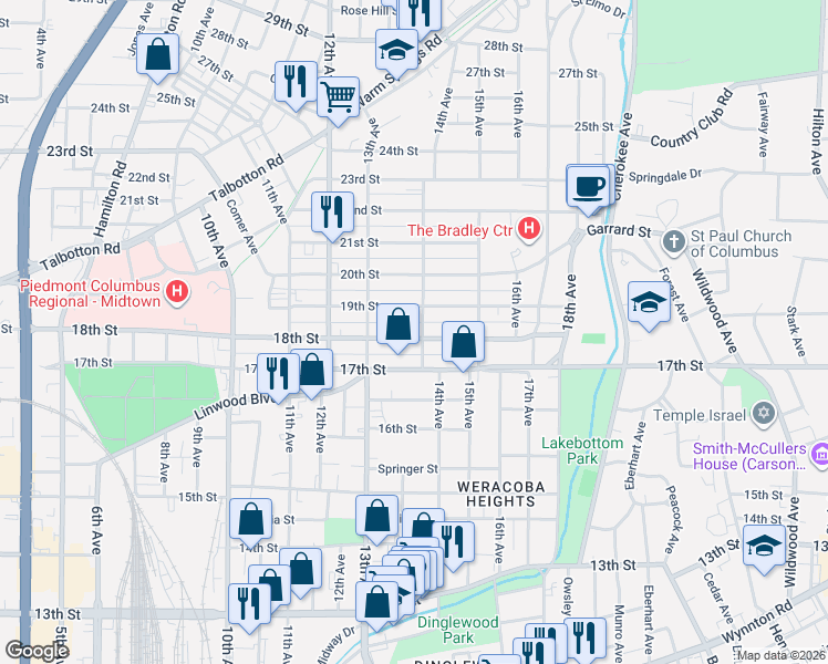 map of restaurants, bars, coffee shops, grocery stores, and more near 1401 18th Street in Columbus