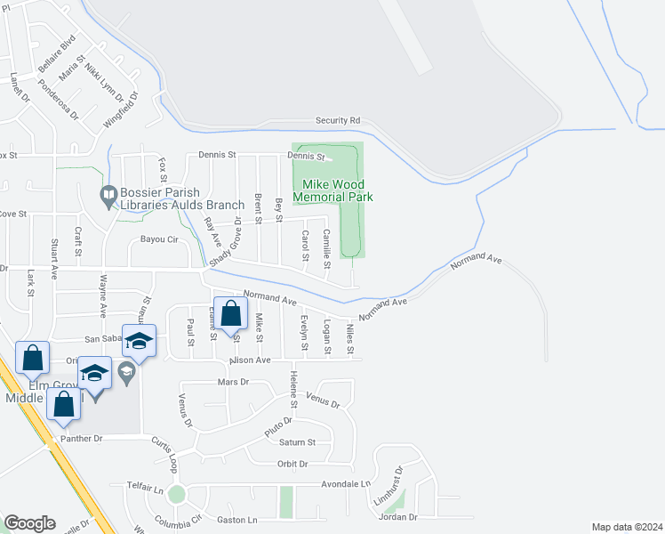 map of restaurants, bars, coffee shops, grocery stores, and more near 1904 Camille Street in Bossier City