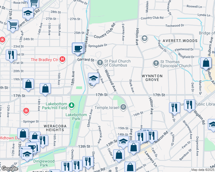 map of restaurants, bars, coffee shops, grocery stores, and more near 1724 Forest Avenue in Columbus