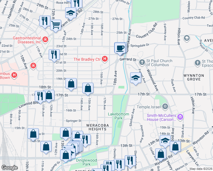map of restaurants, bars, coffee shops, grocery stores, and more near 1704 18th Street in Columbus