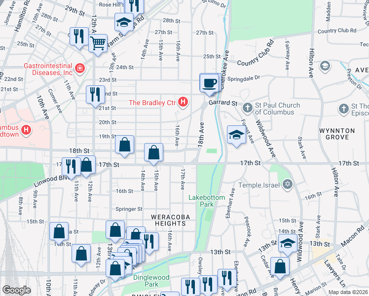 map of restaurants, bars, coffee shops, grocery stores, and more near 1704 18th Street in Columbus