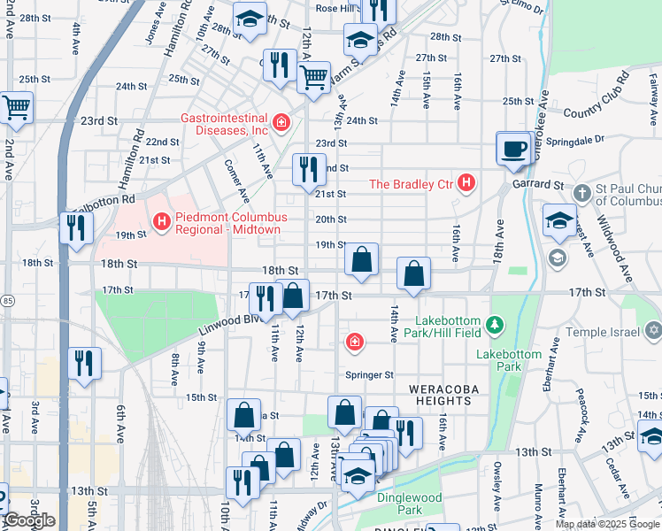 map of restaurants, bars, coffee shops, grocery stores, and more near 1220 18th Street in Columbus