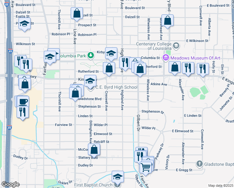 map of restaurants, bars, coffee shops, grocery stores, and more near 544 Gladstone Boulevard in Shreveport
