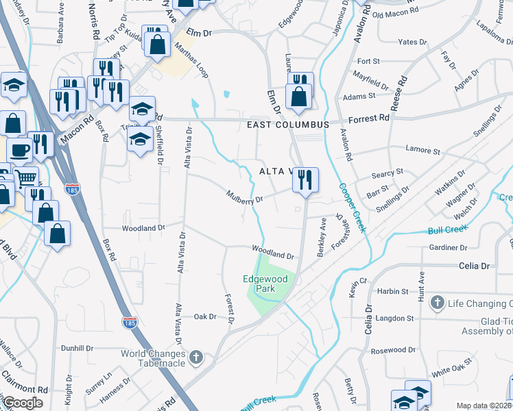 map of restaurants, bars, coffee shops, grocery stores, and more near 3836 Mulberry Drive in Columbus