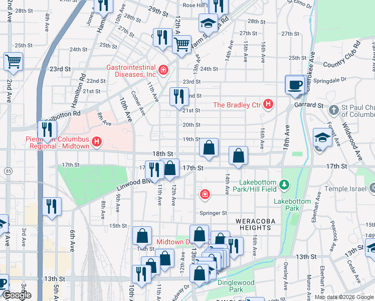map of restaurants, bars, coffee shops, grocery stores, and more near 1217 18th Street in Columbus