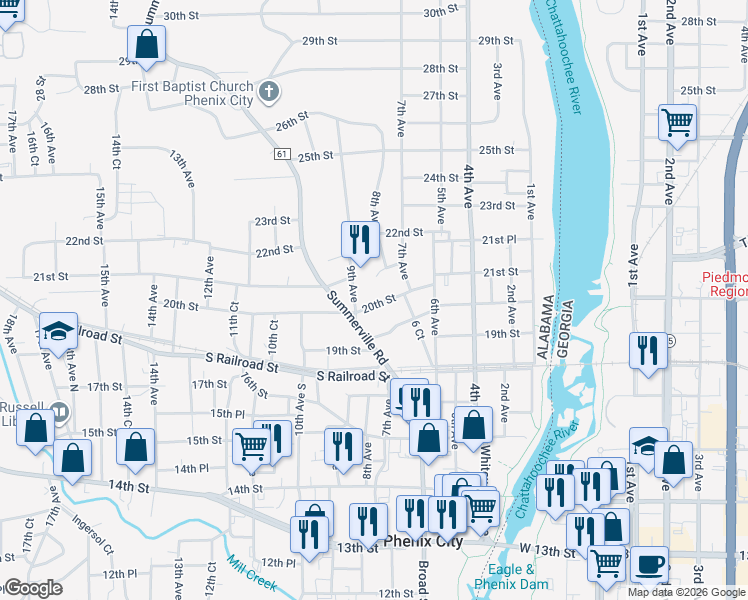 map of restaurants, bars, coffee shops, grocery stores, and more near 810 20th Street in Phenix City