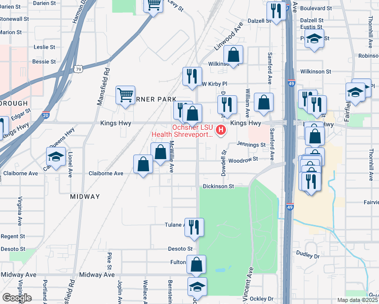 map of restaurants, bars, coffee shops, grocery stores, and more near 1623 Jennings Street in Shreveport
