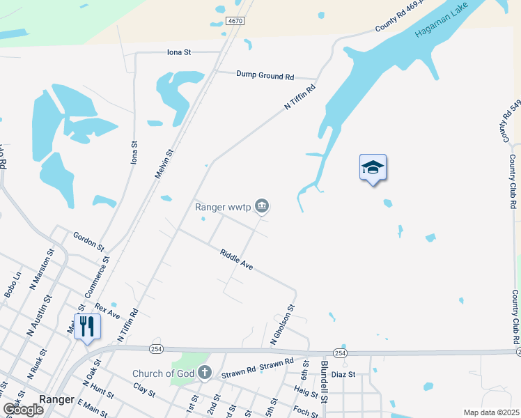 map of restaurants, bars, coffee shops, grocery stores, and more near 1400 Garrett Street in Ranger