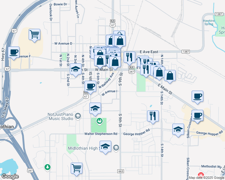 map of restaurants, bars, coffee shops, grocery stores, and more near 115 West Avenue I in Midlothian