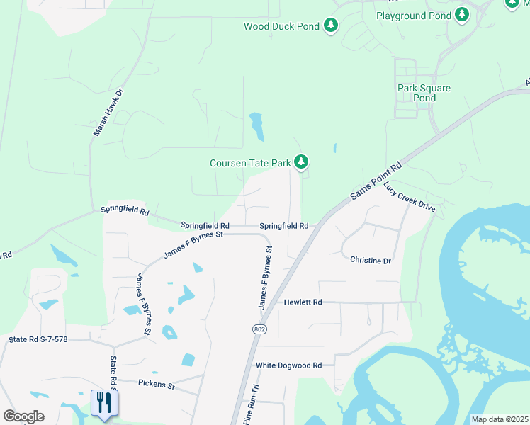map of restaurants, bars, coffee shops, grocery stores, and more near 32 Springfield Road in Beaufort